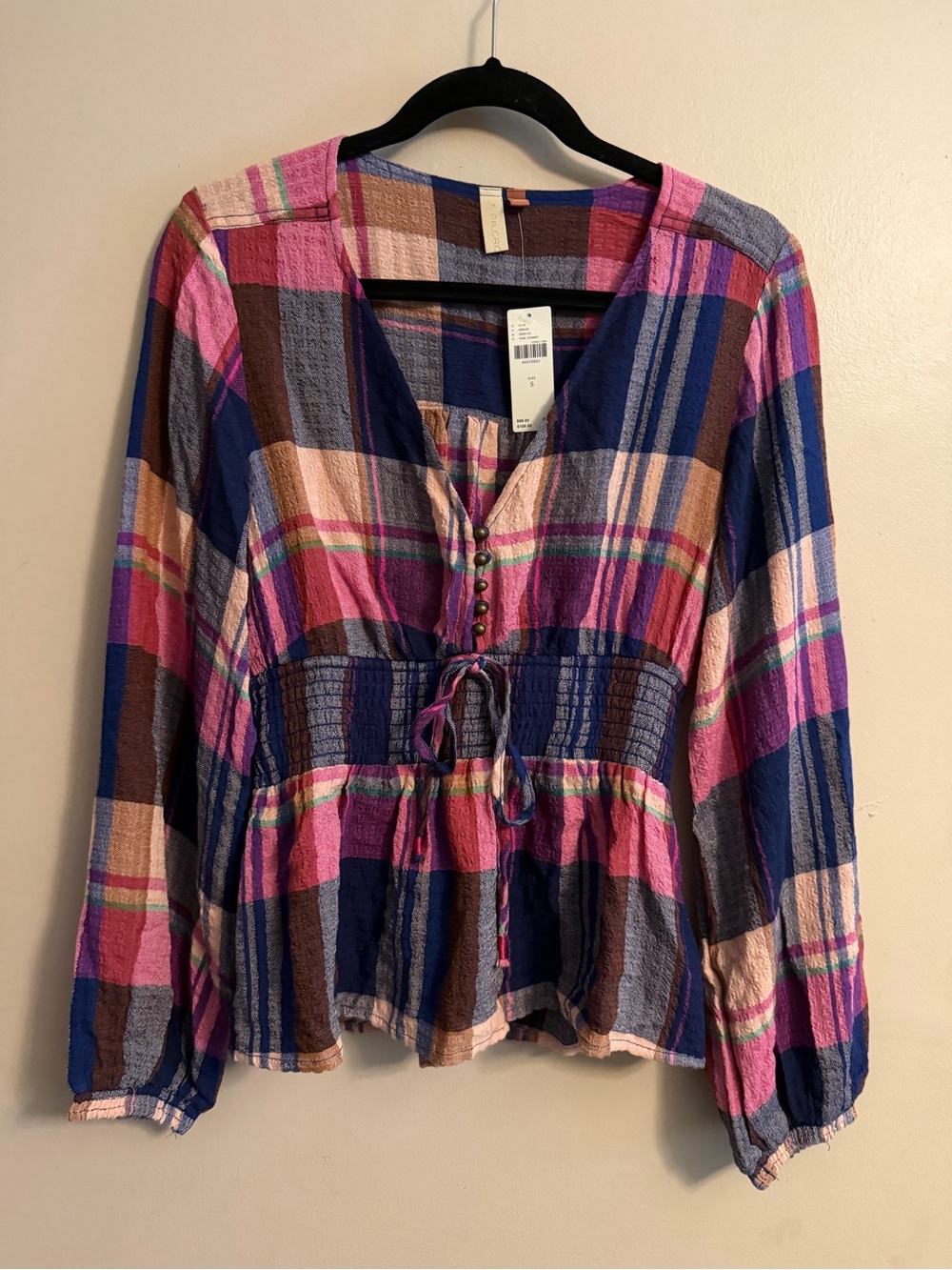 Pilcro Pink and Navy Plaid Buttoned Peasant Blouse